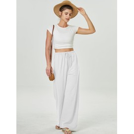 keriffe Summer Outfits Flowy Palazzo Pants for Women 2025 High Waisted Wide Leg Beach Casual Vacation Pants Trousers Pockets White