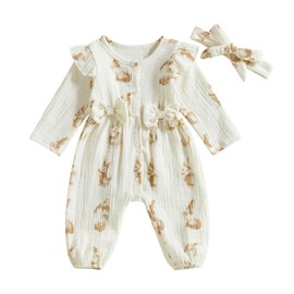 MAHUAOYIXI 2Pcs Infant Baby Girls Easter Romper Dress Newborn Baby Girls' Bodysuits Long Sleeve Carrot/Bunny Print Ruffled Full Length Jumpsuit with Bow Headband for Baby Girl (White, 3-6 Months)