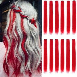 12 Extensiones De Cabello Rojo De 22 Pulgadas, Cabello Liso De Colores, Extensiones Con Clip Para Fiestas, Regalo Para Niños, Niñas Y Mujeres (Rojo,