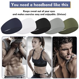 5 Pcs Running Sports Headbands for Men,Moisture Wicking Workout Sports Headband,for Running,Cycling,Basketball,Yoga,Football,Unisex Hairband (Black, White, Light Gray, Army Green, Dark Blue)