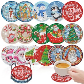 Pack of 16 Diamond Painting Coasters Christmas with Holder, Diamond Cup Coasters, DIY Winter Coasters, Non-Slip, for Beginners, Adults and Children