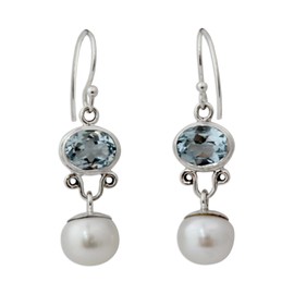 NOVICA Handmade Cultured Freshwater Pearls Blue Topaz Dangle Earrings .925 Sterling Silver White India Birthstone [1.6 in L x 0.4 in W x 0.4 in D] 'Dazzling Delhi'