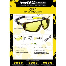 voltX 'QUAD' 4 in 1 YELLOW Lens Safety Glasses, with foam insert, removable headstrap, CE EN166f certified