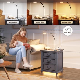 FREDEES Farmhouse Nightstand with Gun Drawer and 3 Large Storage Drawers,Smart Bedside End Table with LED Light and Human Sensor Charging Station(Grey)