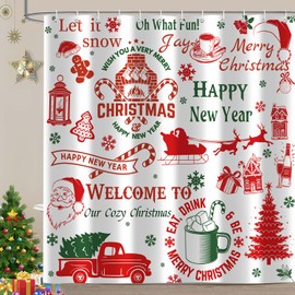 Christmas Shower Curtain, Red Green Santa Claus Reindeer Xmas Tree Winter Snowflake Holiday Bathroom Decor, Waterproof Fabric Washable with 12 Hooks 72x72 Inch