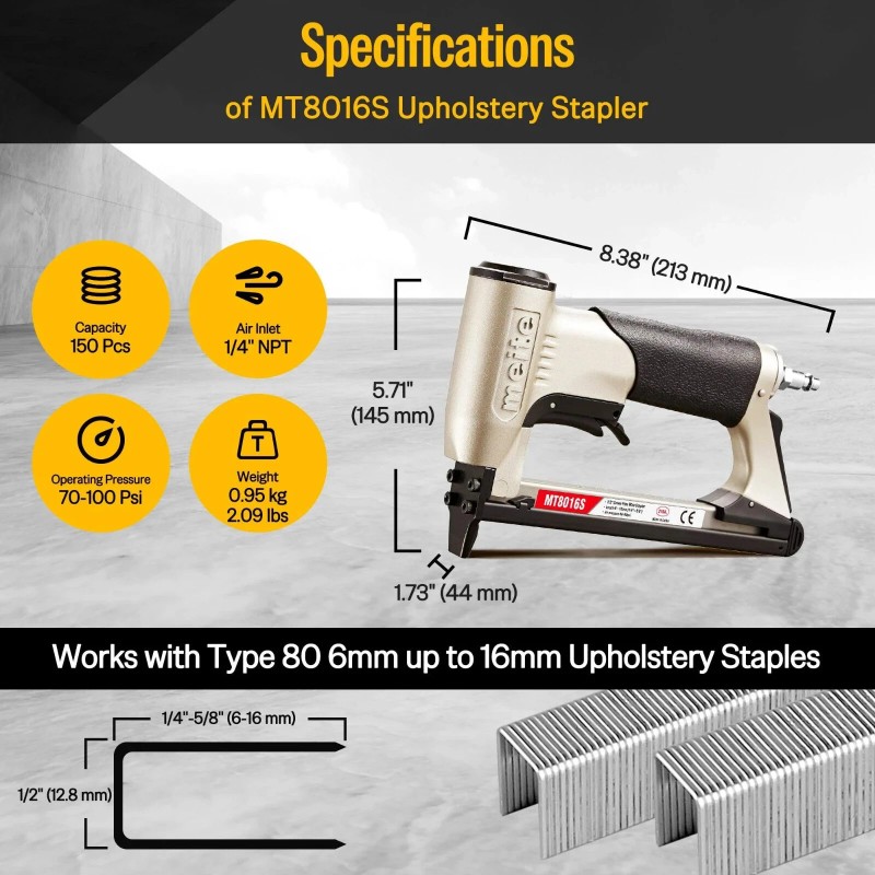 meite Pneumatic Upholstery Stapler With Safety Trigger Fine Wire Stapler