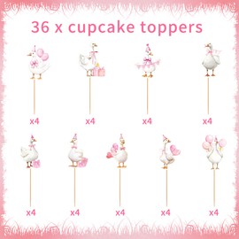 36 Pcs One Funny Goose Birthday Decor for Girls, Cute Pink Goose Themed Cupcake Toppers, Fun Farm Animal Birthday Baby Shower Gender Reveal Party Supplies (9 Designs)