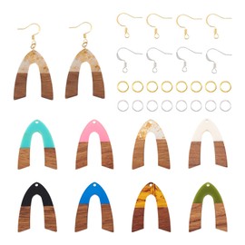 FASHEWELRY 106pcs DIY V-shape Dangle Earrings Making Kit with Natural Wood Resin Charms DIY Earrings Pendants Arch Walnut Wood Pendants with Brass Jump Rings & French Earring Hooks for Jewelry Making