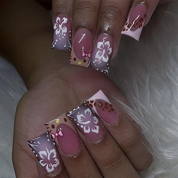 Press On Nails with Nail Glue, 3D Flower Leopard Print