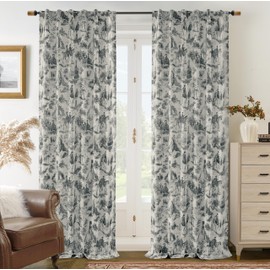 DriftAway 100% Blackout Toile Linen Curtains for Bedroom Double Layer Farmhouse French Country Vintage Printed Pattern Thermal Sound Lined Back Tab Living Room Drapes 90 inch Length 2 Panels Black