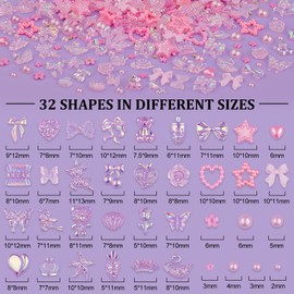 150 Pcs Kawaii 3D Nail Charms with Nail Charm Glue Set(UV Needed), Over 400 PCS Charms with Butterfly Bow Star Heart Bear 3D Flower and Pearls in Total with Tools for Nail Art(Pink)