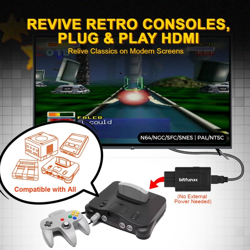 BITFUNX N64 HDMI Adapter - Supports 16:9/4:3 Switch, Mini 720P/1080P