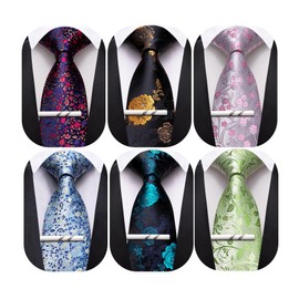 Barry.Wang Mens 6 PCS Ties Silk Striped Paisley Check Necktie Tie-Clip Silky Woven Wedding Business Party Ties