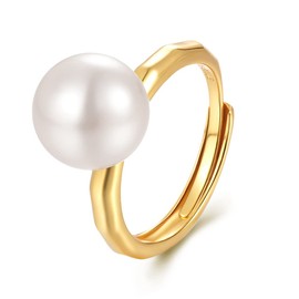 SWJEWEL 10MM Pearl Ring for Women Birthstone Sterling Silver 18k Gold Plated CZ Rhinestone Faux Pearl Ring Adjustable