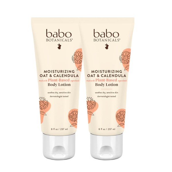 Babo Botanicals Moisturizing Lotion - Face & Body Plant-Based Lotion for Babies, Kids & Adults with Sensitive or Dry Skin - with Colloidal Oatmeal, Organic Calendula & Shea Butter 8 fl.oz.(Pack of 2)