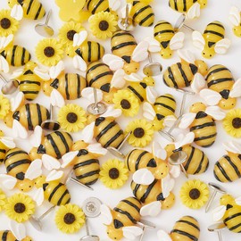 PandaHall 60 Pieces Flat Back Resin Bees Sunflower Cabochons Embellishments with Flat Head Nails for DIY Craft Scrapbook Home Decoration