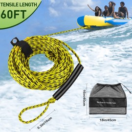 Heavy Duty Tow Rope for Tubing, Towable Tubes Performance Harness Rope, Watersports line, 60ft for 1-6 Riders