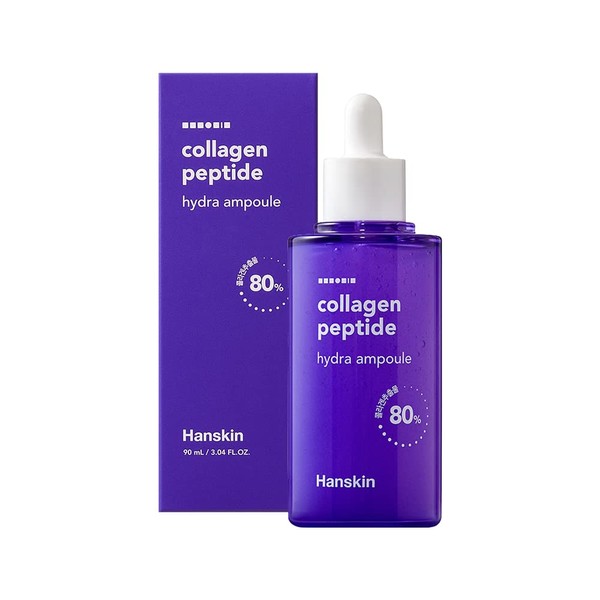Hanskin Colágeno Peptide Hydra Ampolla (90 ml). Fabricado con 80% extracto de colágeno y 20% péptido. Fórmula antienvejecimiento avanzada para reparar la piel de arrugas y líneas finas en la cara y el cuello.