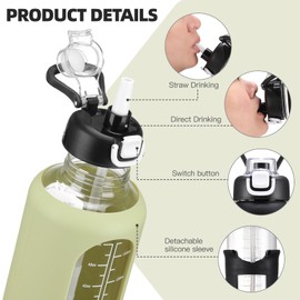 chunmo 64 oz Glass Water Bolttles with Straw Half Gallon Large Motivational Water Bottle with Time Marker Sports Water Bottles with Silicone Sleeve and Handle Lid Water Jug for Gym Workout