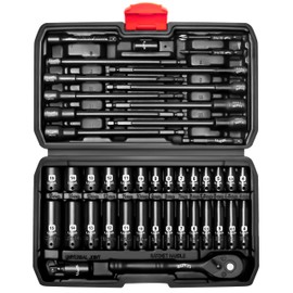 LLNEDL 1/4 inch Drive Socket Set & Nut Driver Set 44PCS, Metric Sockets Deep&Shallow (4-15mm) with Ratchet, 6" Magnetic Nut Drivers with 1/4" Hex Shank(6-14mm), Drill Bits (PH1/PH2)