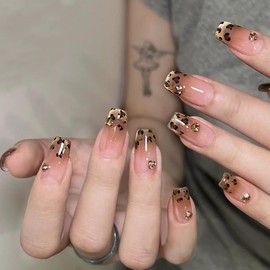 30 Pcs Press on Nails-French Fake Nails Leopard Rhinestone Fake Nails Medium False Nails Gifts for Women and Girls Reusable Stick On Nails