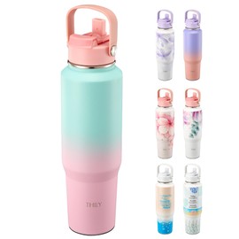 Stainless Steel Insulated Water Bottle - THILY 40 oz Triple Insulated Leakproof Wide Mouth Water Flask with Lid and Straws, Travel Tumbler Fit in Any Car Cup Holder, Powder Coated, Candy Pink