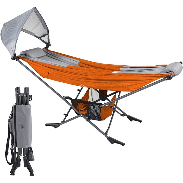 Republic of Durable Goods Portable Hammock with Stand Included Compact Folding Camping Hammock Stand for Travel Car Camping Hammock Chair Foldable (Orange/Grey)