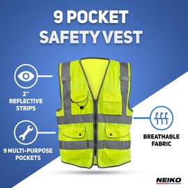 NEIKO High Visibility Safety Vest ANSI Class 2, 9 Pockets, Neon Yellow, 6X-Large (6XL)