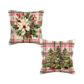 HJZLB Christmas Throw Pillow Covers 18x18 Inch Set of 2 Red Green Buffalo Plaid Christmas Tree Poinsettia Decorative Cushion Cases for Couch Sofa Winter Holiday Decor