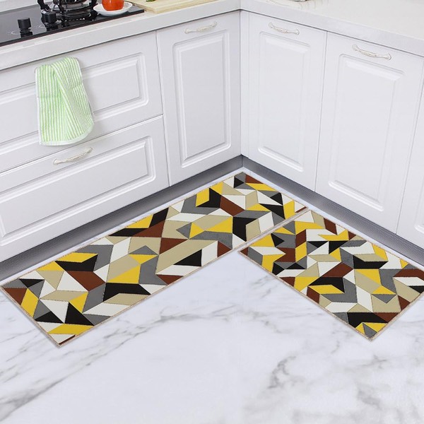 Youyijia 2Pieces Kitchen Mat Rug Non-Slip Washable Rug Sets Kitchen Mats And Rugs Washable Hallway Runner Set, Dining Room, Entryway and Door Mat Set, 40x60 + 40x120 cm (Kitchen Yellow Triangle)