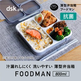 Foodman DSK Bento Box, Standing and Carrying, Slim Bento Box, 27.6 fl oz (800 ml), Antibacterial, Gray with 4-Point Locks, Double Sealing to Prevent Leakage