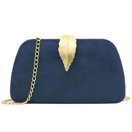 Milisente Women's Clutch, Elegant Chain Evening Bag for Velvet with Leaf Buckle Closure Wedding Handbag (Blue)
