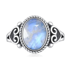QKABTI Moonstone Engagement Rings for Women Sterling Silver 11x8 MM Oval Shaped Gemstone Filigree Rings Vintage Western Jewelry Birthday Gifts Size 5-11