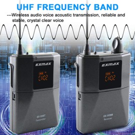 EXMAX UHF-938 UHF Acoustic Transmission Wireless Headset Microphone Audio Tour Guide System for Worship Church Translation Teaching Travel Simultaneous Interpretation(1 Transmitter and 2 Receivers)