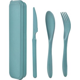 Travel Utensils with Case, Reusable Plastic Cutlery, Wheat Straw Travel Cutlery Set, Flatware Set for Travel Work School Picnic Camping or Daily Use (Green)