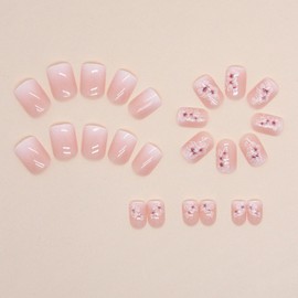 Short Press on Nails Square Fake Nails with Flower Designs French Gradient False Nails Cute Short Acrylic Press on Nails Glossy Nude Pink Stick on Nails Reusable Artificial Nails for Women Girls