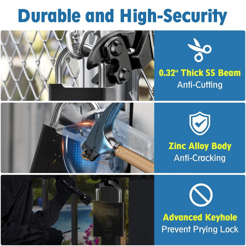 Fingerprint Padlock,Heavy Duty Smart Padlock with Key, Waterproof Bluetooth App