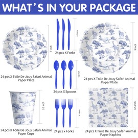 Owelleny Toile De Jouy Safari Animals Party Decorations Supplies for Baby Shower Birthday, Blue Wild Jungle Animals Baby Shower Decorations, Paper Plates, Cups, Napkins, Disposable Cutlery, Serve 24
