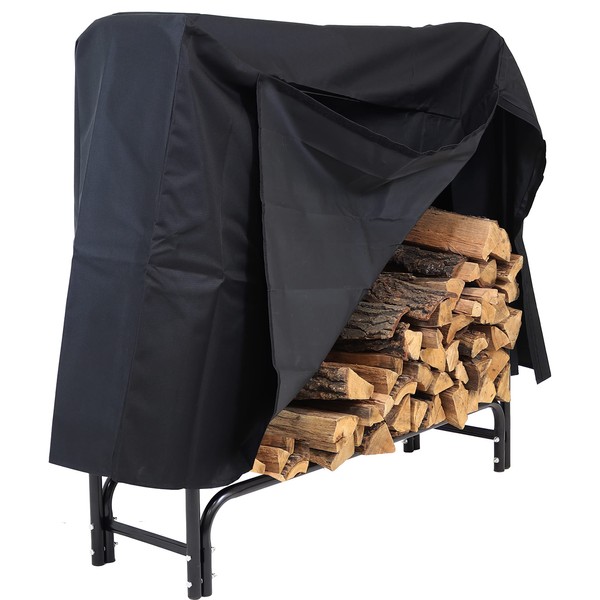 Sunnydaze Outdoor Firewood Log Rack and Cover Combo Set - Black Powder-Coated Steel and PVC - Black Fabric - 4-Foot