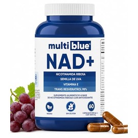 NAD+ con NAD Resveratrol 98%, Vitamina E y Semilla de Uva | Trans Resveratrol 98% y Nicotinamida Ribosa de Alta Concentración | Sin Gluten Vegano Keto Friendly | Calidad Certificada GMP | MULTIBLUE