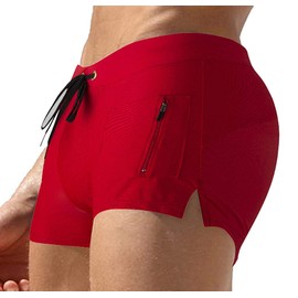 TONLEN Mens Swimwear Short Swim Trunks with Zipper Pocket, Red #1, Large
