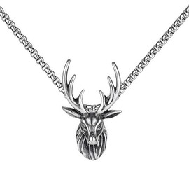 PYNASA Stainless Steel Deer Head and Antler Pendant Necklace for Men Women,Titanium Steel Deer Animal Charm Hip-pop Jewelry Chain Necklace for Mens,24inch Chain