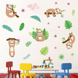 MEFOSS Funny Sloth Wall Stickers DIY Cute Sloth and Tropical Plants Flowers Leaves Wall Decals Peel and Stick Sloth Wall Decals Art for Boys Girls Room Playroom Baby Nursery Wall Decor