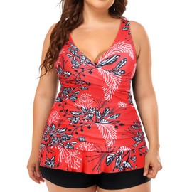 Hilor Swim Suits for Women 2025 Tankini Swimsuits Underwire Swim Top Only Retro Tummy Control Bathing Suits Red&White Floral 16