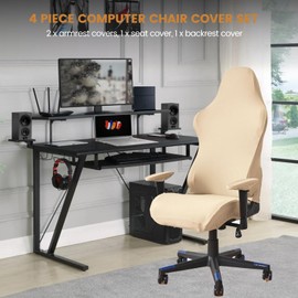 Office Chair Cover Set, Stretch Swivel Gaming Chair Cover with Armrest and Chair Back Covers, Removable Armchair Cover to Protect/ Decorate Chairs, Suitable for Office and Swivel Chairs (Beige)