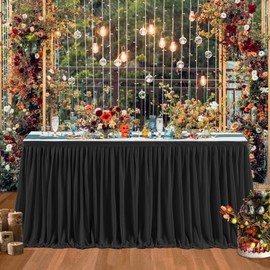 12ft Black Table Skirts for Rectangle Tables Polyester Table Skirt Ruffle Tablecloth for Birthday Party Banquet Black Theme Party Wedding Bridal Shower Table Decorations