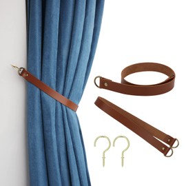 Leather Curtain Tiebacks Vintage Tie Backs for Outdoor Curtains Pull Backs with 2 Metal Hooks Drapery Holdbacks for Office Home Living Room Bedroom 2 Pcs (Dark Brown,Narrow)