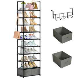 OYREL Tall Shoe Rack Narrow 10 Tier Shoes Rack 20 25 Pairs, Shoe Storage Organizer for Closet, Sturdy Metal Shoe Shelf Shoe Stand with 2 Boxes 1 Hook