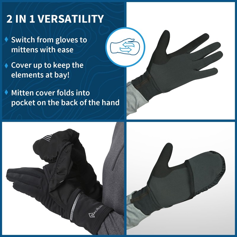 TrailHeads Mens Running Gloves Touchscreen Fingers & Convertible Waterproof Mitten