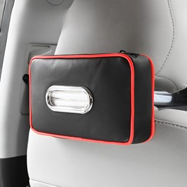 Mellbo Car Tissue Case, Car Tissue Case, Back Seat Headrest, Elastic Attachment Belt, PU Leather, Storage Case, Rectangle, Compatible with Refillable Tissue Black/Red